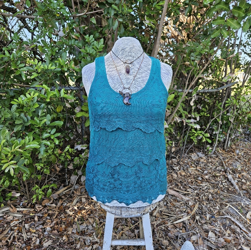Teal Turquoise Blue Lace Boho Tank Top Ricki's Size Small